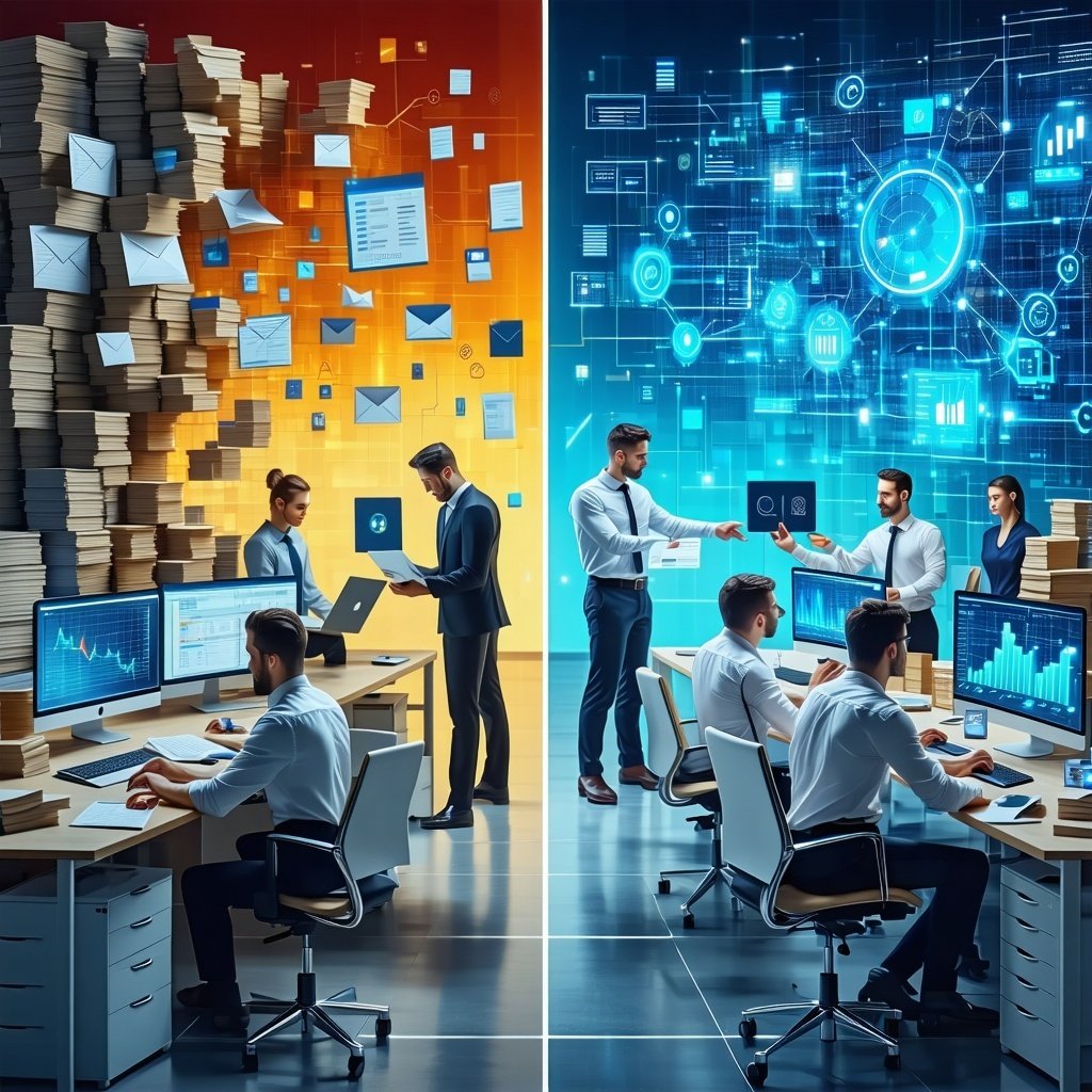 The image depicts a splitscreen comparison highlighting the differences between legacy ALM systems and modern ALM platforms On the left a cluttered chaotic workspace represents legacy systems with piles of paperwork outdated computer screens displayi-1